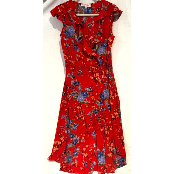 magnolia skye Dresses & Skirts - Magnolia Skye Red High Low Ruffle wrap Floral Dress Sz S Cottagecore fairy y2k